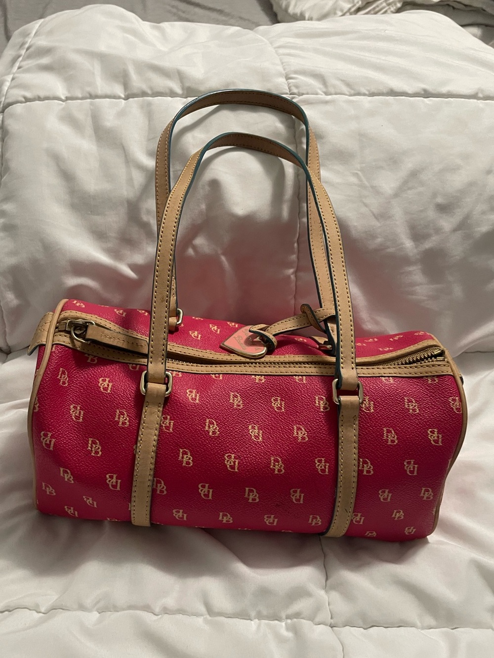 Dooney and Bourke small faux leather vinyl Women’s red Monogram Barrel Handbag